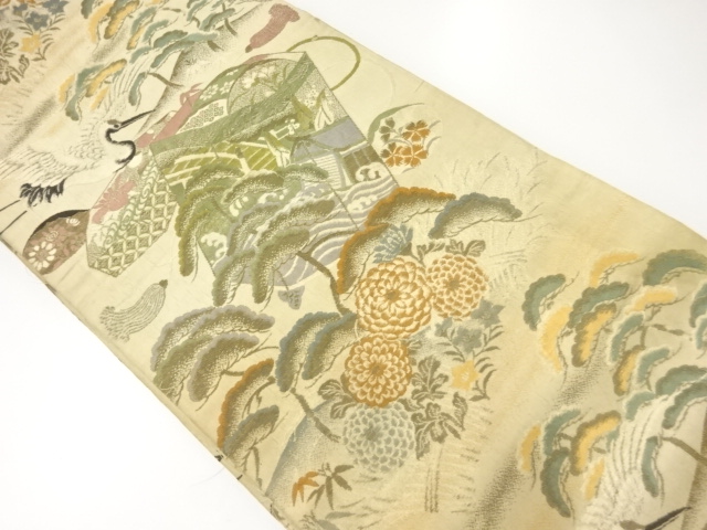 アンティーク　貝桶に松鶴模様織出し丸帯（材料）